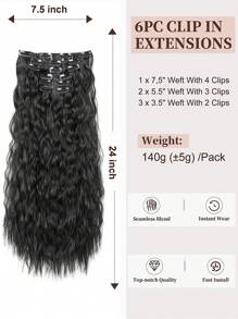 24-Inch Long Wavy Clip-In Synthetic Hair Extensions, 6pcs Set, Ombre Black, Thick & Natural Soft, Double-Layer Stitched, For Women - Natural Black - View 7