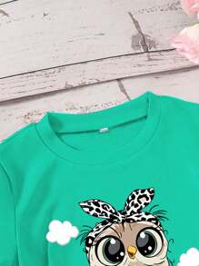 Young Girl 1pc Casual Style Short Sleeved Knit T-Shirt With Owl Pattern, Summer - Green - View 3