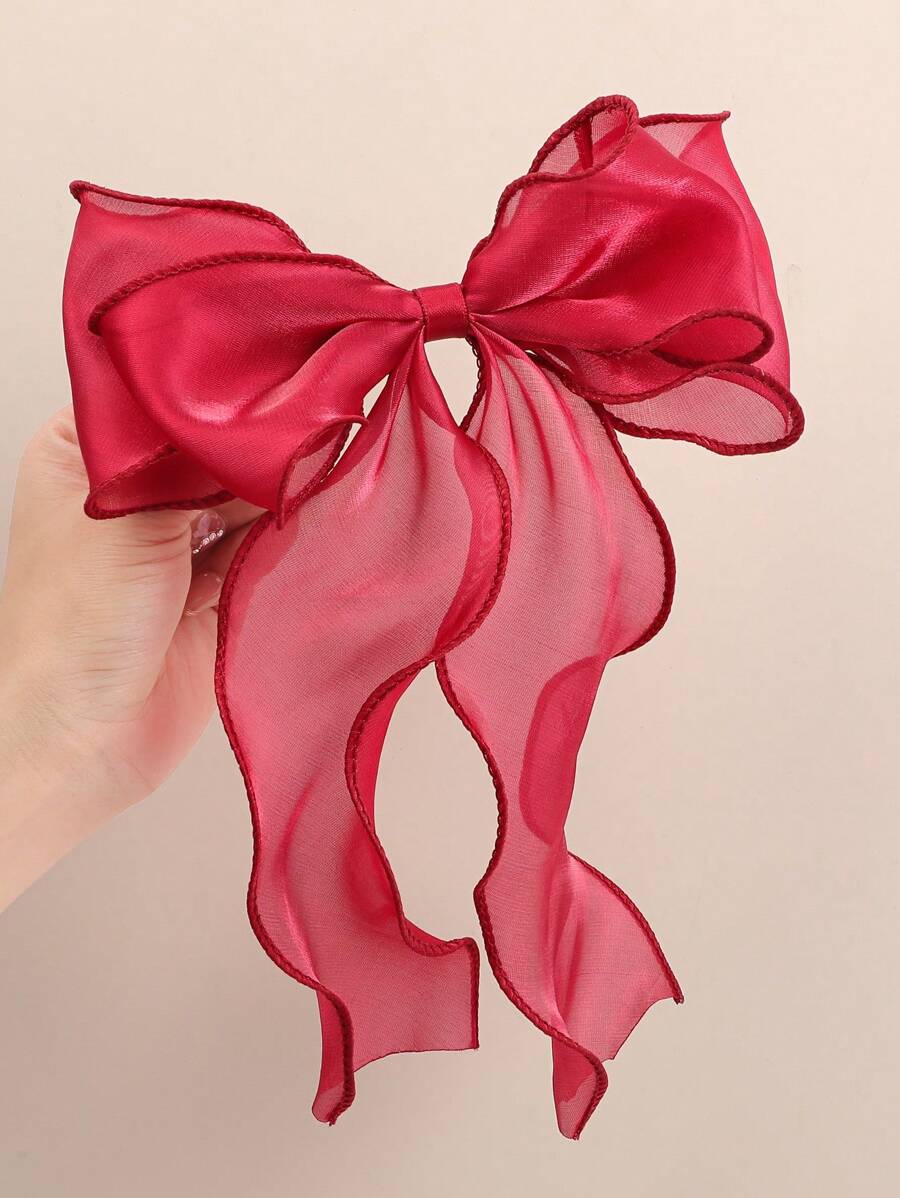1件红色网纱大蝴蝶结波浪丝带弹簧夹发夹，优雅温柔的春季情人节发饰，适合女性、学生、大学生、圣诞节等场合，也可作为头饰。 - 紅色 - 查看 1