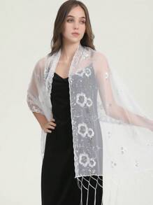 Boho 1pc Lace Floral Embroidery Shawl, Elegant & Heavy-Duty, Perfect For Prom, Sequin Scarf, Handmade Tassel Scarf, Simple & Stylish Party Dress Scarf Halloween