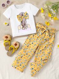 Young Girls' 2pcs/Set Summer Outfits, Fashionable Printed T-Shirt And Pants, Casual And Elegant