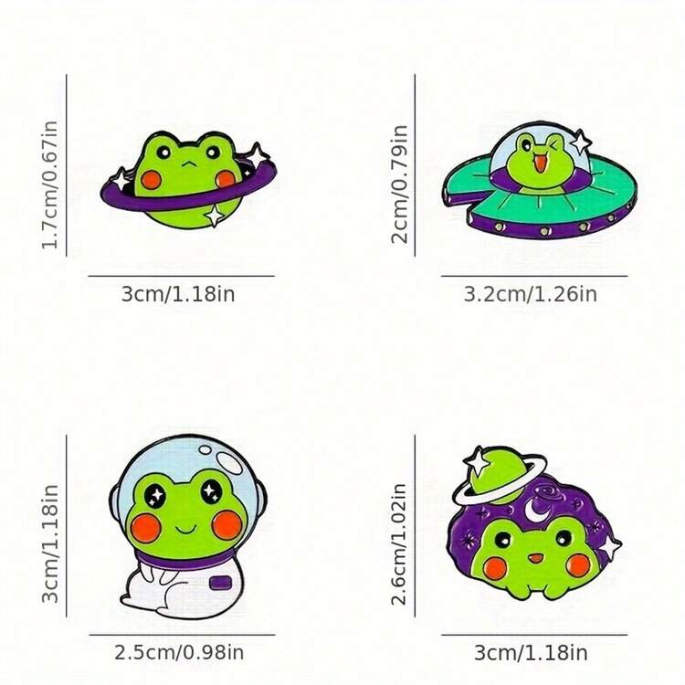 4 uds/Conjunto de alfileres de esmalte con rana de dibujos animados creativos cohetes, naves espaciales, setas y músculos de animales. Broches de moda lindos de joyería de solapa para regalo - Verde - Añade 2