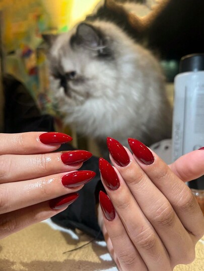 Erhöhen Sie Ihren Stil mit 24 Stück langen mandelförmigen und hellroten Falsch-Nägel-Set, geeignet für den täglichen Gebrauch von Frauen und Mädchen. Drücken Sie auf Nägel. Nagelbedarf.