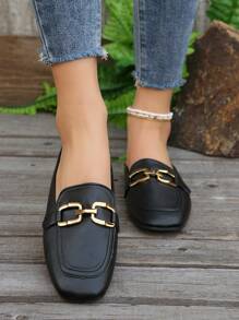 Women's Fashionable Slip-On Flat Shoes, PU Leather Design Mule Loafers - Black - View 2