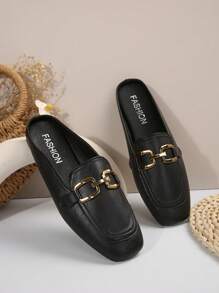 Women's Fashionable Slip-On Flat Shoes, PU Leather Design Mule Loafers - Black - View 6