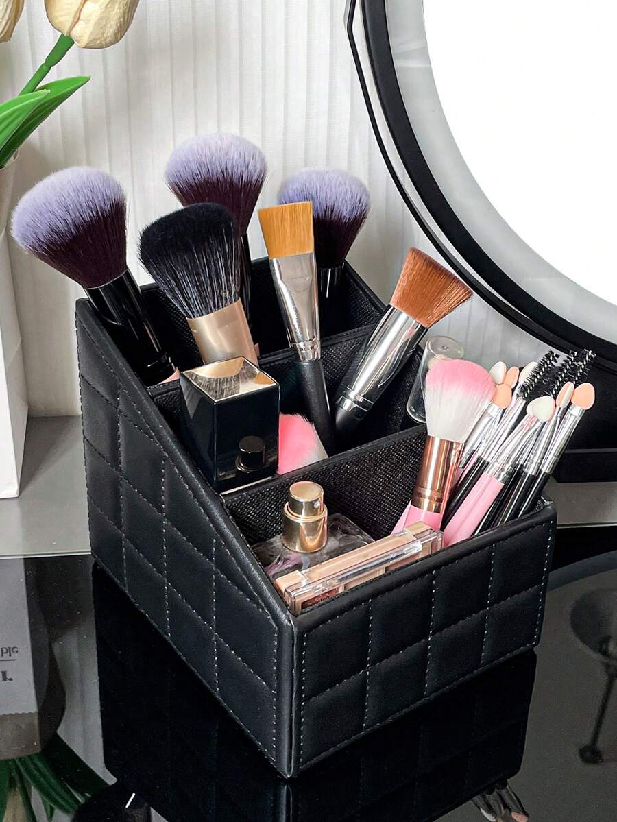 1 Hộp đựng cọ trang điểm PU công suất lớn màu đen, Hộp đựng cọ trang điểm 3 ngăn trang nhã, Hộp đựng cọ trang điểm nhiều tầng, Hộp đựng để bàn chống thấm nước, Hộp đựng bút văn phòng đa chức năng