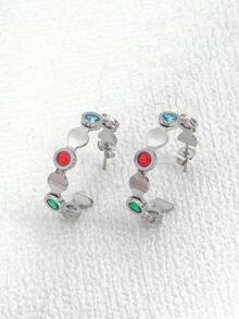 1pair European And American Style Stainless Steel Gold Plated Colorful Rhinestone Inlaid C-Shaped Earrings Suitable For Women's Daily Wear - Gold - View 6