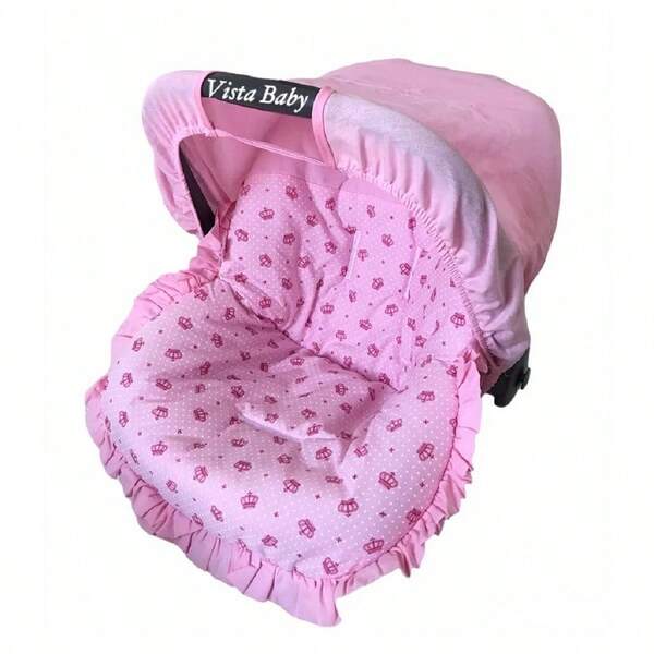 Kit Capa/ Forro para Bebê Conforto com Capota Protetora Solar Tamanho Universal Até 13 Kg Coroas Rosa