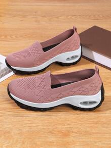 New Fashion Breathable Sport Casual Slip-On Sneakers For Women, Comfortable Square Dance Shoes With Platform And Increased Height, Versatile Breathable Woven Loafers, Plus Size Women Shoes