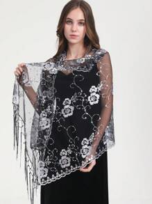 Boho 1pc Lace Floral Embroidery Shawl, Elegant & Heavy-Duty, Perfect For Prom, Sequin Scarf, Handmade Tassel Scarf, Simple & Stylish Party Dress Scarf Halloween