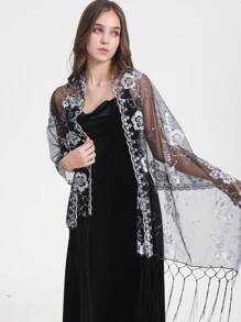 Boho 1pc Lace Floral Embroidery Shawl, Elegant & Heavy-Duty, Perfect For Prom, Sequin Scarf, Handmade Tassel Scarf, Simple & Stylish Party Dress Scarf Halloween