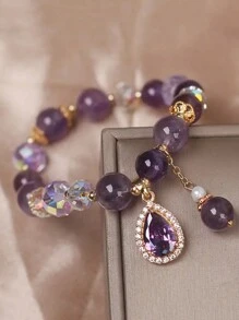 1pc Water-Drop, Flower, Clover And Butterfly Shaped Cubic Zirconia Decorated Money Bag Pendant Bracelet, Beaded Bracelet For Women Daily Wear Valentines,Mom,Mother,Mother's Day,Gift