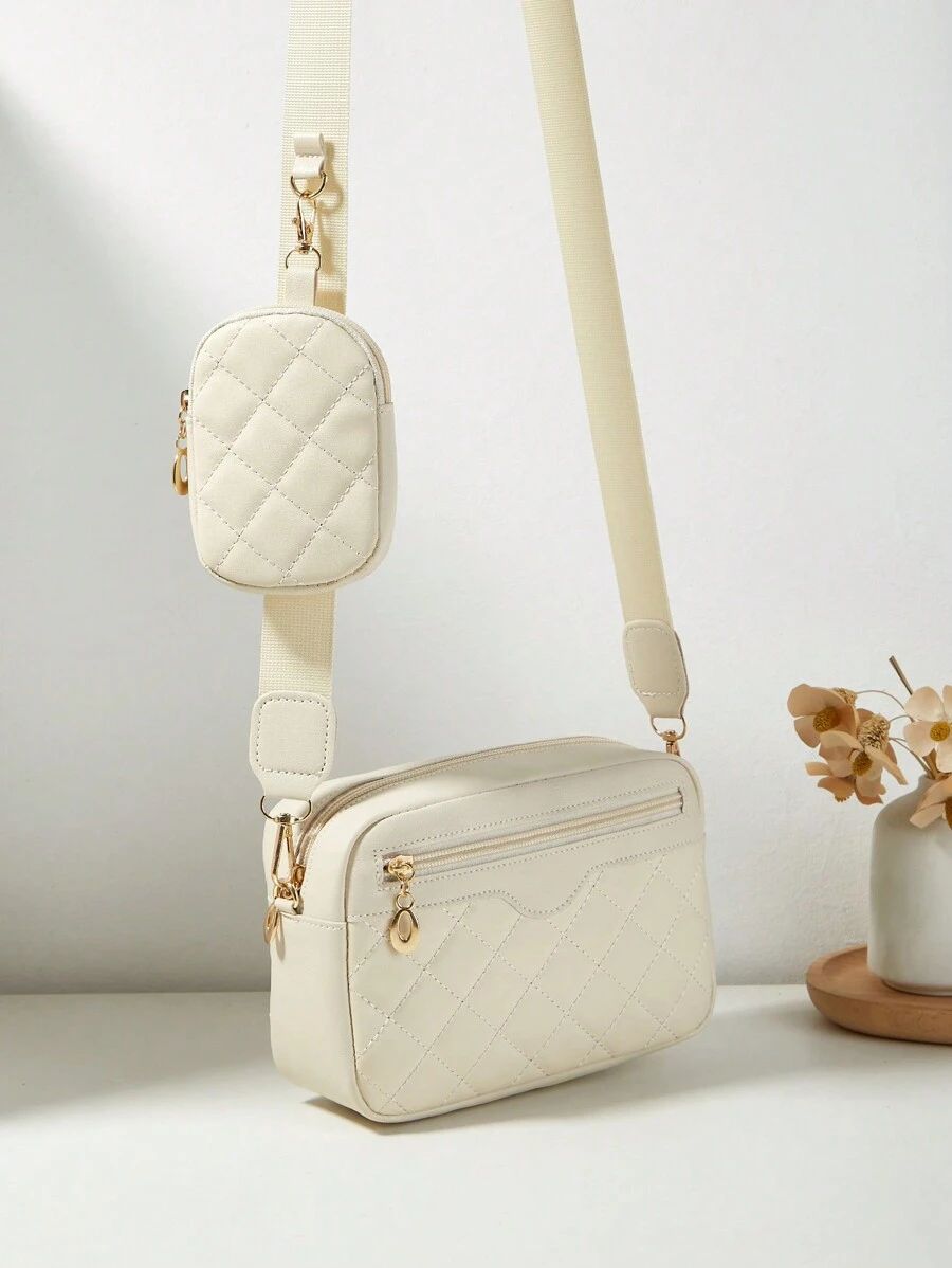 1 件女士小方形单肩包和斜挎包，绗缝钻石图案迷你手提包/零钱包 - 米色 - 查看 1