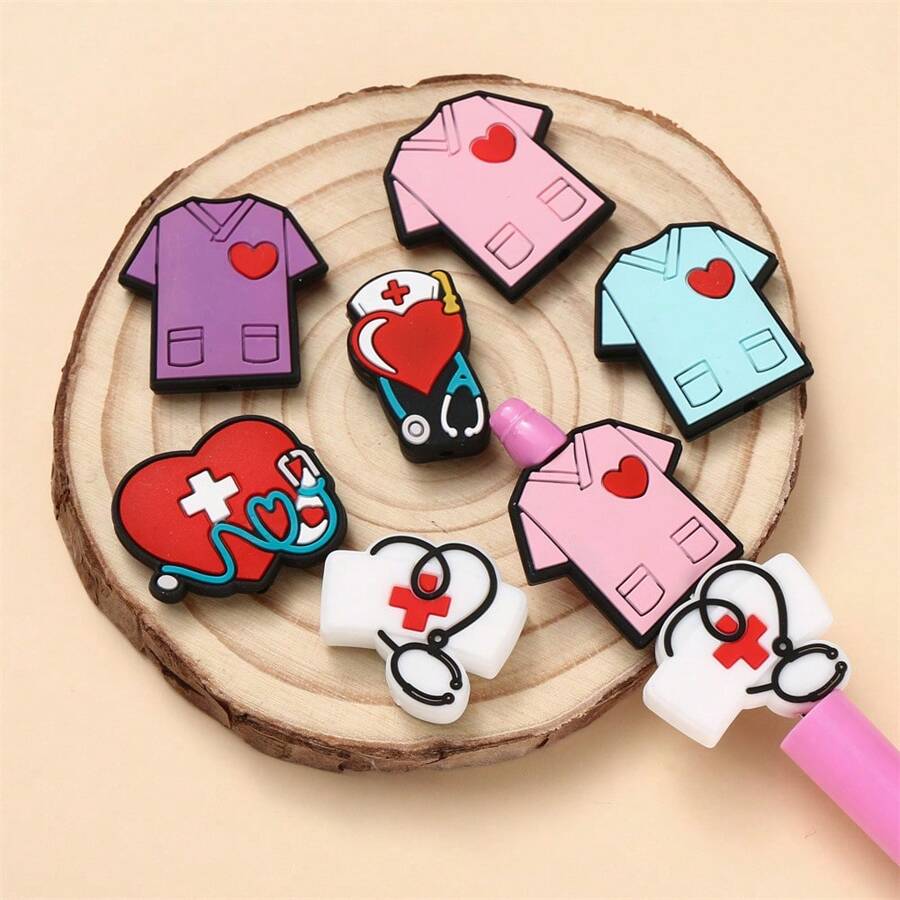 3/5/6 件/套硅胶心形珠心形焦点珠散装卡通珠听诊器笔医院护士可爱彩色卡通珠子钥匙链制作套件 DIY 笔绳工艺品