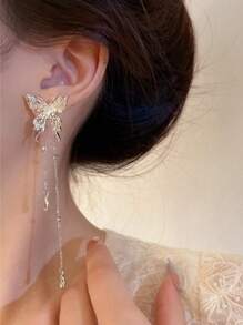 1 cặp Hoa tai tua rua bướm kết cấu lỏng, Hoa tai đinh tán sang trọng cao cấp, (Số lượng hạt tua rua ngẫu nhiên) - Bạc - Xem 3