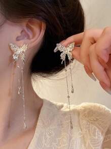 1 cặp Hoa tai tua rua bướm kết cấu lỏng, Hoa tai đinh tán sang trọng cao cấp, (Số lượng hạt tua rua ngẫu nhiên) - Bạc - Xem 1