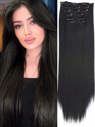 6 Pieces/Set 16 Clip Hair Extensions Black Long Straight Hair Natural Gradual Change Wig Heat Resistant Fiber Women's Hairstyle