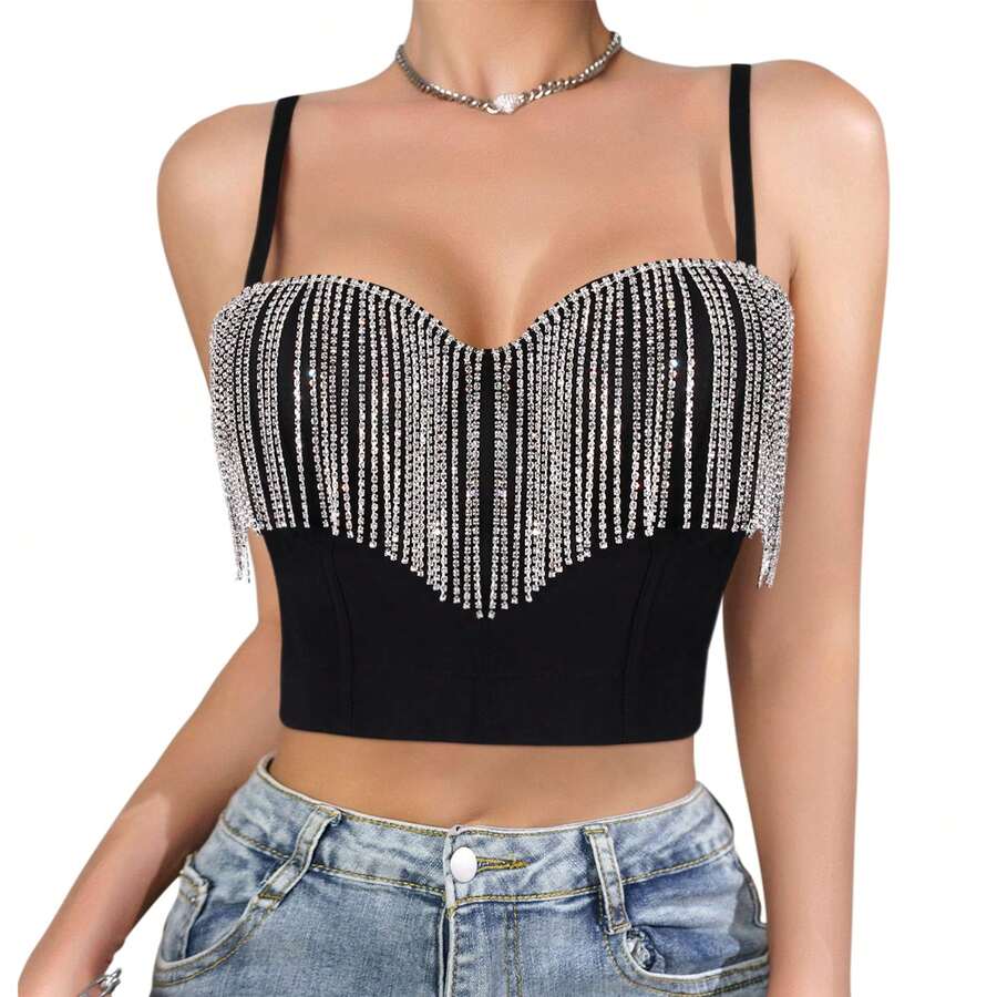 Camisola de corsé corta con borlas de diamantes de imitación para mujer, camisola sexy de color liso, sin espalda y a la moda - Negro - Ver 1