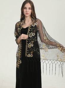 Boho 1pc Lace Floral Embroidery Shawl, Elegant & Heavy-Duty, Perfect For Prom, Sequin Scarf, Handmade Tassel Scarf, Simple & Stylish Party Dress Scarf Halloween