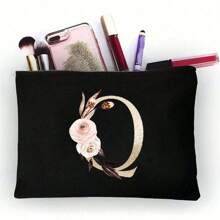 1pc Fashionable Item: Polyester Fiber Letter Print Zipper Cosmetic Bag/Storage Pouch, Excellent Gift For Couples And Families. The Cosmetic Bag Can Be Printed With Logo Patterns Or English Letters, A Stylish Women's Storage Pouch. Designed As A Coin Purse, Simple And Fashionable, With A Beautiful Appearance, Cute Large Capacity, And Portable Card Holder. - Black - View 26