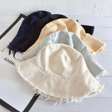 1pc Unisex Vintage Washed Solid Color Fringed Bucket Hat, Versatile, Sun-Shading, Lightweight & Portable, Suitable For Men And Women - Cowboy - View 1