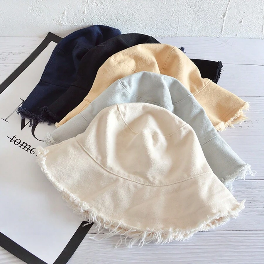 1pc Unisex Vintage Washed Solid Color Fringed Bucket Hat, Versatile, Sun-Shading, Lightweight & Portable, Suitable For Men And Women - Cowboy - View 1