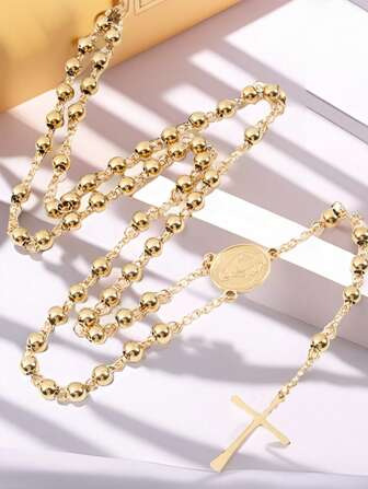 Collar religioso cristiano de acero inoxidable para mujeres con colgante de cruz de Jesús Virgen María y largas cadenas de cuentas, joyería de moda