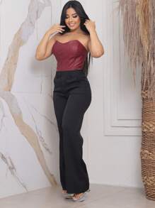 Calça Pantalona Alfaiataria Feminina Social Cintura Alta Com bolso na frente e ziper - Preto - Visão 4