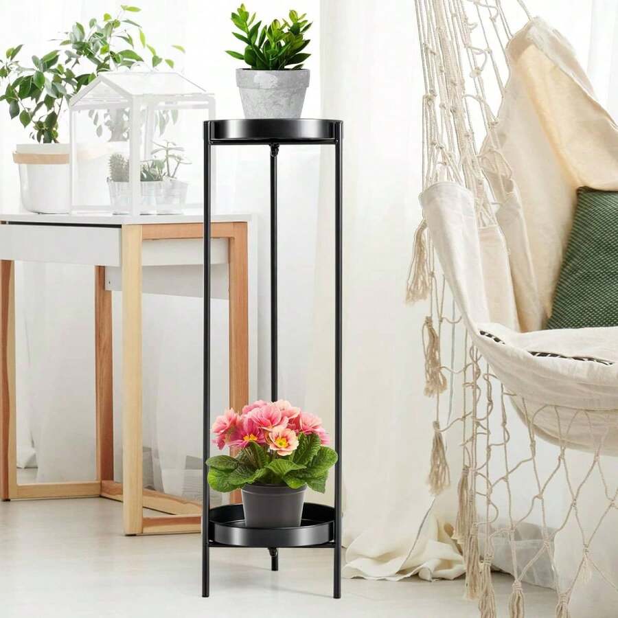 Modern Flower Stand, 2-Layer Plant Stand Made Of Steel Tubes & Metal Shelves, Round Flower Pot For Living Room Terrace Balcony, Up To 30 Kg Load Capacity - Black - View 1