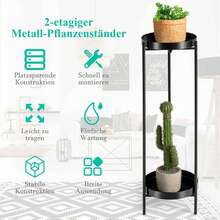 Modern Flower Stand, 2-Layer Plant Stand Made Of Steel Tubes & Metal Shelves, Round Flower Pot For Living Room Terrace Balcony, Up To 30 Kg Load Capacity - Black - View 5