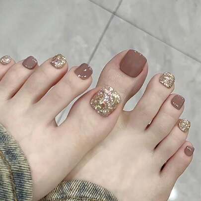 24入組短方形美甲貼，氣氛駝色混搭閃爍和純色腳趾甲，包括1個指甲文件和1張果凍膠甲貼，美甲用品