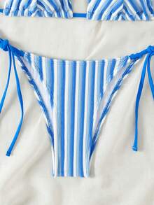 New Arrival Cute Toweling Halter Neck Backless Strap Bikini Set For Summer Beach - Blue - View 8