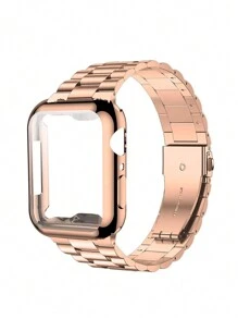 مجموعة سوار ساعة أبل وغطاء واقي للساعة باللون الوردي، متوافق مع ساعات أبل سلسلة Ultra3/2/1، SE، S10/S9/S8/S7/S6/S5/S4/S3/S2/S1، مقاس 38مم 40مم 41مم 44مم 45مم 49مم 42مم 46مم، سوار من الفولاذ المقاوم للصدأ قابل للتعديل، غطاء واقي من مادة البولي كربونات مقاوم للخدش والصدمات، بدون واقي للشاشة، مناسب للنساء/البنات