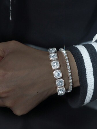 2 Pcs Iced Bracelet Set Cube Sugar And Tennis Chain Fashion Style For Men And Women Unisex For Decor