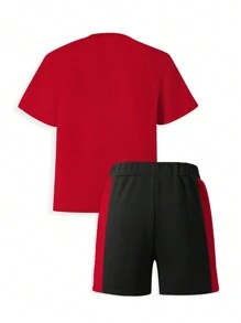 青少年男孩休閒套裝,圓領短袖T恤和運動短褲兩件套裝,三色拼接設計 - 酒紅色 - 查看 3