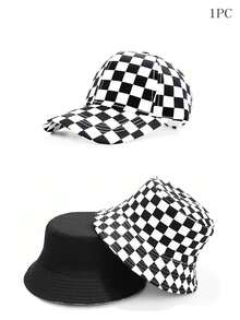 1入中性經典黑白格紋休閒時尚防曬棒球帽，雙面可穿式漁夫帽，適用於戶外和日常使用。 - 黑與白 - 查看 4