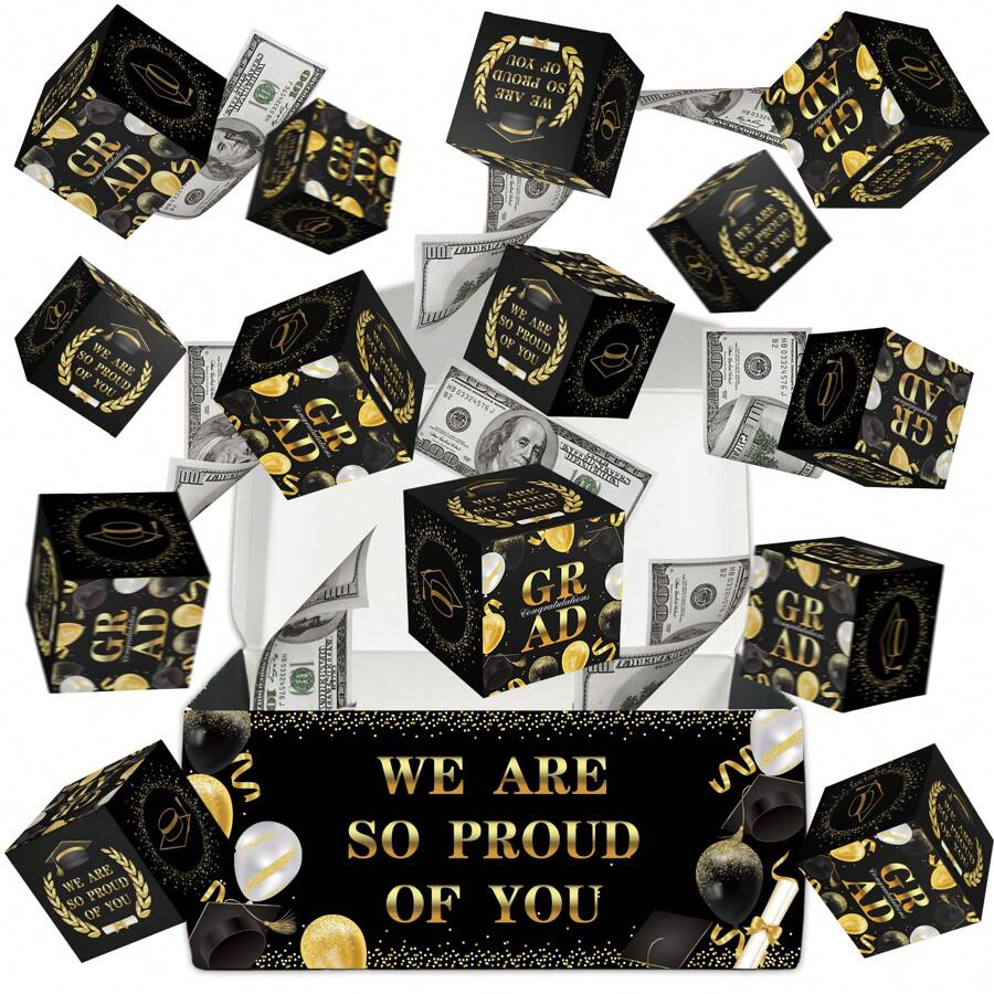 16pcs graduation exploding money gift box black glod congrats bouncing