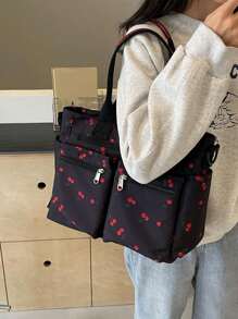 Bolso de mano casual de moda con estampado, adecuado para ir al trabajo, viajar, hacer ejercicio, puede contener botella de agua, teléfono, cosméticos, paraguas, con correa para el hombro ajustable - Negro - Ver 3