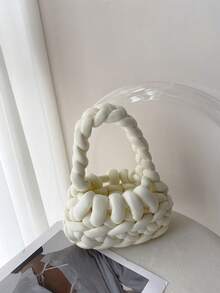 女士手提包，钩编，纯色，手工制作，镂空设计，时尚简约，适合外出购物。 - 米色 - 查看 2