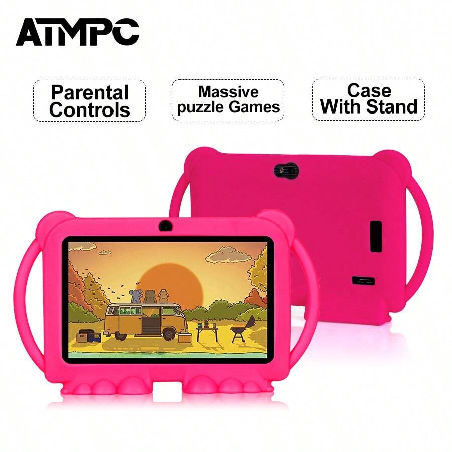 ATMPC 701A兒童平板，7英吋兒童專用平板，32GB ROM 2GB RAM Android 11.0幼兒平板，搭載2.4G WiFi，GMS，防護眼睛螢幕，家長監控，教育應用程式，雙攝像頭，防摔保護套，遊戲
