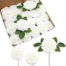 Hoa giả 7/12/17/22/27/32 chiếc Hoa hồng giả xốp ngà voi trông giống thật có thân dùng để tự làm hoa cưới, đồ trang trí trung tâm tiệc cô dâu, sắp xếp bàn tiệc, đồ trang trí, bao bì túi OPP (không bao gồm hộp), ngày lễ tình nhân, quà tặng - trắng - Xem 3