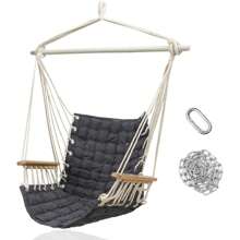 Hammock Chair Hanging Swing With Wooden Armrests;Steel Spreader Bar And Anti-Slip Rings;Cotton Woven Fabric;Up To 300 Lbs For Bedroom,Patio,Porch,Deck-Indoor Outdoor Grey
