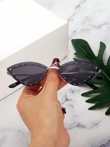 1副女士时尚眼镜，银色镜框，黑色镜片，猫眼形水钻/金属镜框镶嵌水钻复古時尚眼鏡沙滩配饰 - 銀色 - 查看 9