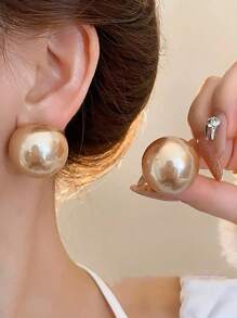 1pair Fashionable Faux Big Pearl Stud Earrings With High-End Elegant - Pearl - View 10
