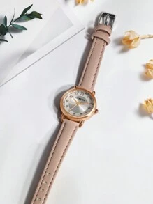1pc LUCKYFOX Unisex Student Minimalist Quartz Watch, Rose Gold Case & Leather Strap, Suitable For Daily Life, Commute, Daily Gift - Beige - View 4