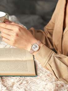 1pc LUCKYFOX Unisex Student Minimalist Quartz Watch, Rose Gold Case & Leather Strap, Suitable For Daily Life, Commute, Daily Gift - Beige - View 2