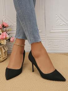2023 New Arrival High Heels, Pointed Toe, Thin Heels, Comfortable & Fashionable, Plus Size, Commuting & Versatile, Suede, Sexy Low Vamp Women's Shoes - Black - View 3