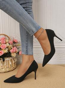 2023 New Arrival High Heels, Pointed Toe, Thin Heels, Comfortable & Fashionable, Plus Size, Commuting & Versatile, Suede, Sexy Low Vamp Women's Shoes - Black - View 4