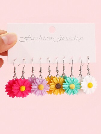 5 Pairs Of Candy Color Floral Earrings, Suitable For Daily Wear In Spring And Summer