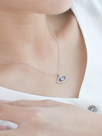 1pc Silver 925 European & American Fashion Personalized Blue Eye, Compass, Palm, Rhinestone Necklace For Daily Wear, Valentine's Day, Easter, Elegant Minimalist Women Jewelry Gift